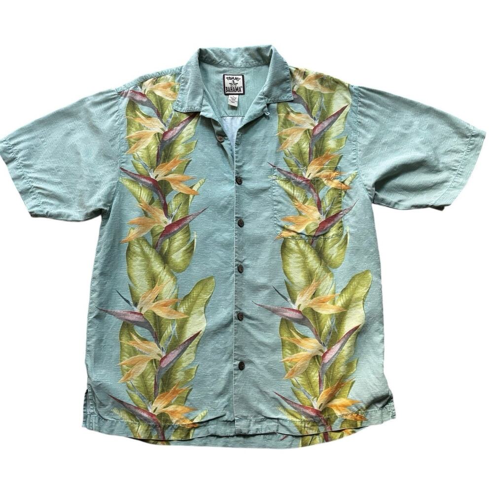 Tommy Bahama Green Silk Button Up Tropical Floral Front Panels Small/Medium*